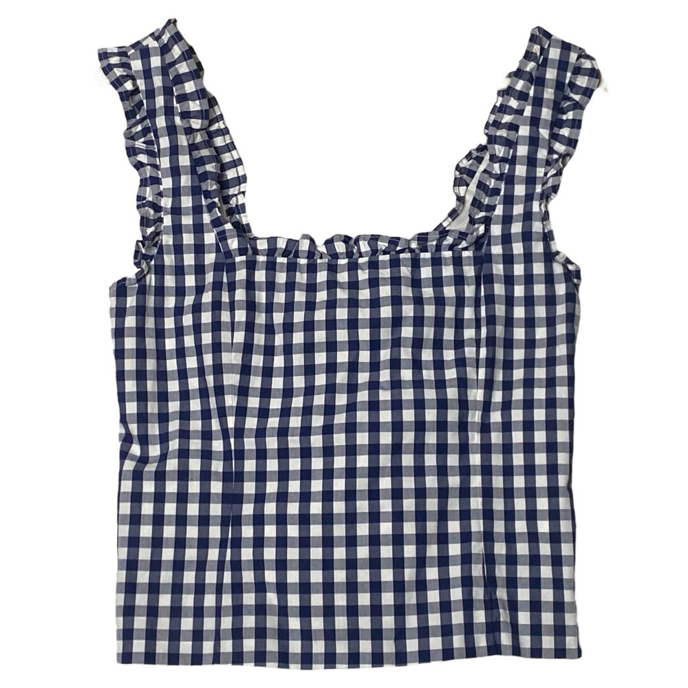 J.Crew Gingham Ruffle Strap Tank Top Womens S Blue Cottagecore Cropped‎ Country - Picture 2 of 12